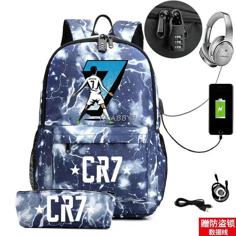 2pcs CR7 Backpack For Women Men 18 inch USB Charge Travel Notebook Laptop School Bags Black Capacity School Mochilas For Teens