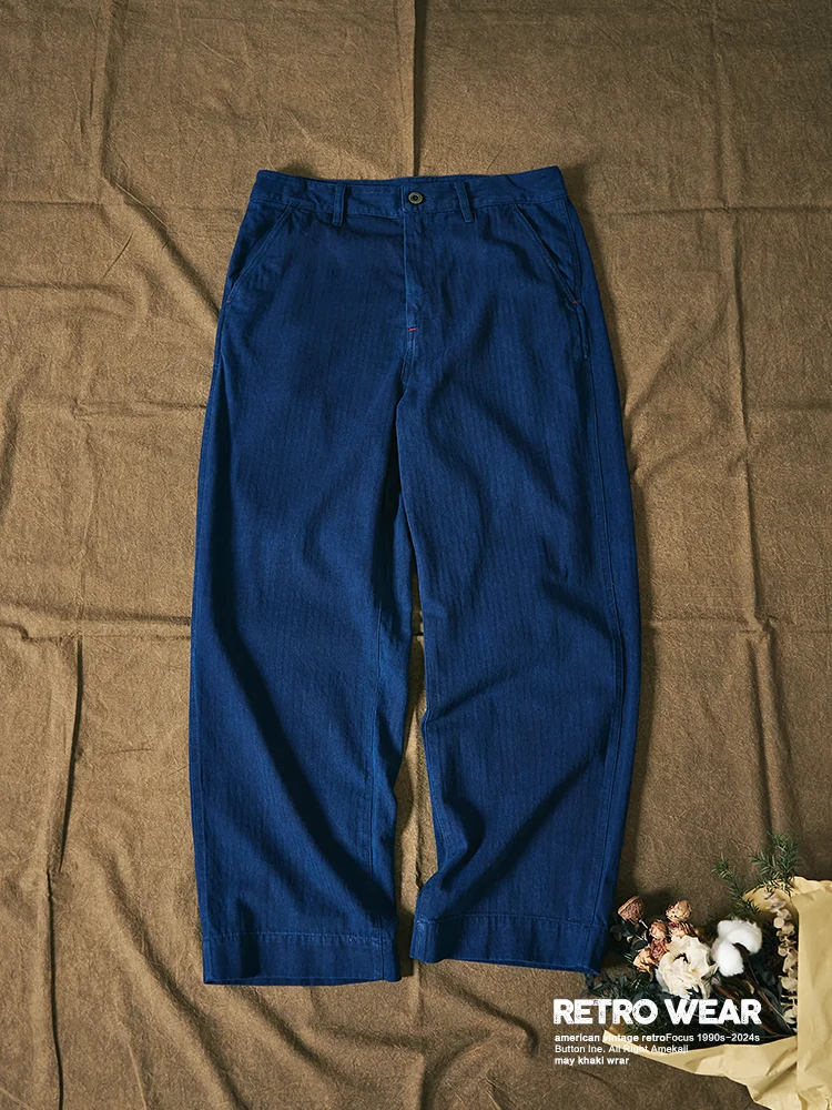 Men's Indigo Dyed Loose Trousers Retro Straight Casual Trousers Herringbone Overalls Plant Blue Dye