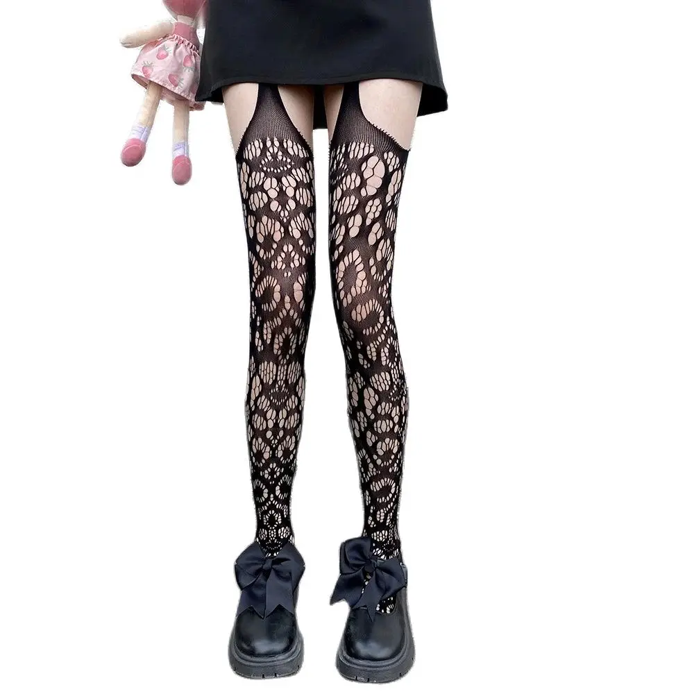 

Sexy Totem and Hollow Suspender Stockings Woman Black Medias Transparent Thin Y2K Thigh High Socks Party Club Lingerie.