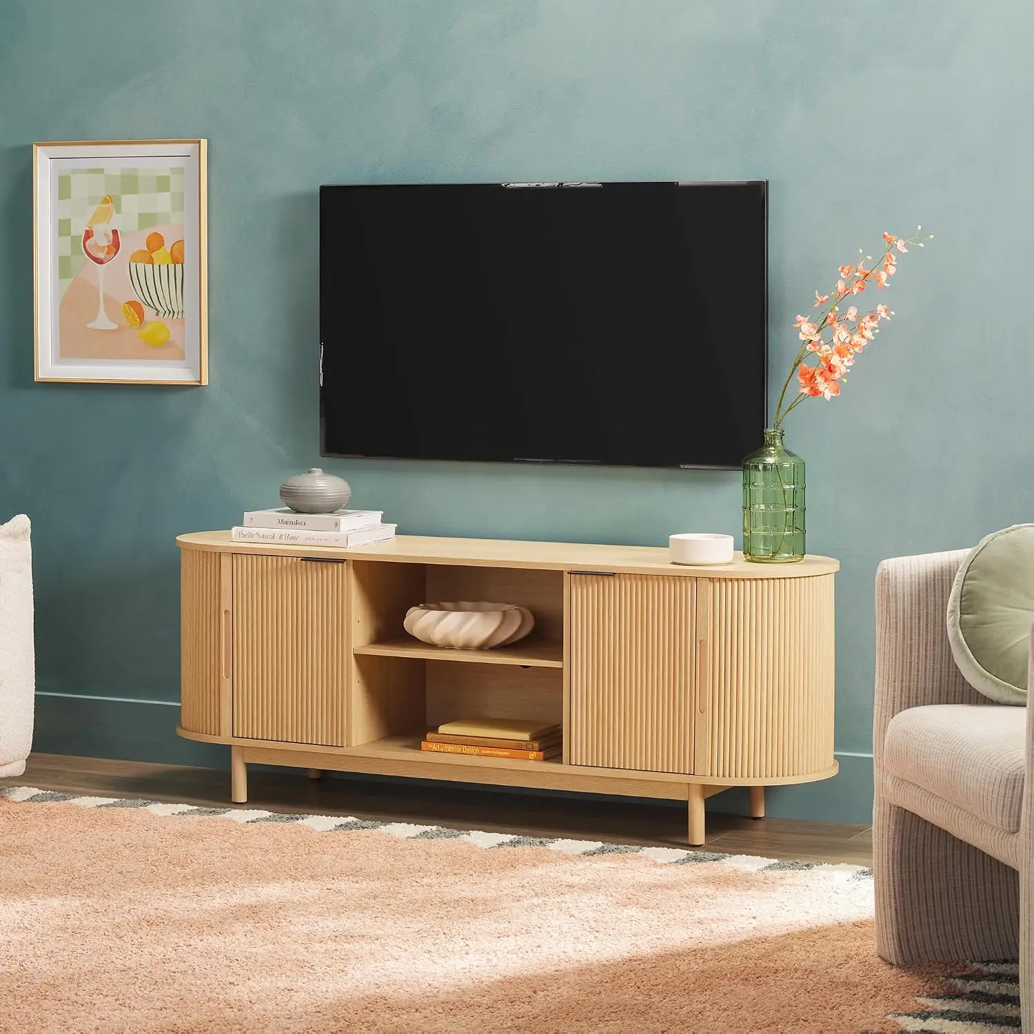Modern Curved Reeded TV Stand for TVs up to 70", Sliding Doors & Adjustable Shelves Credenza, Custom