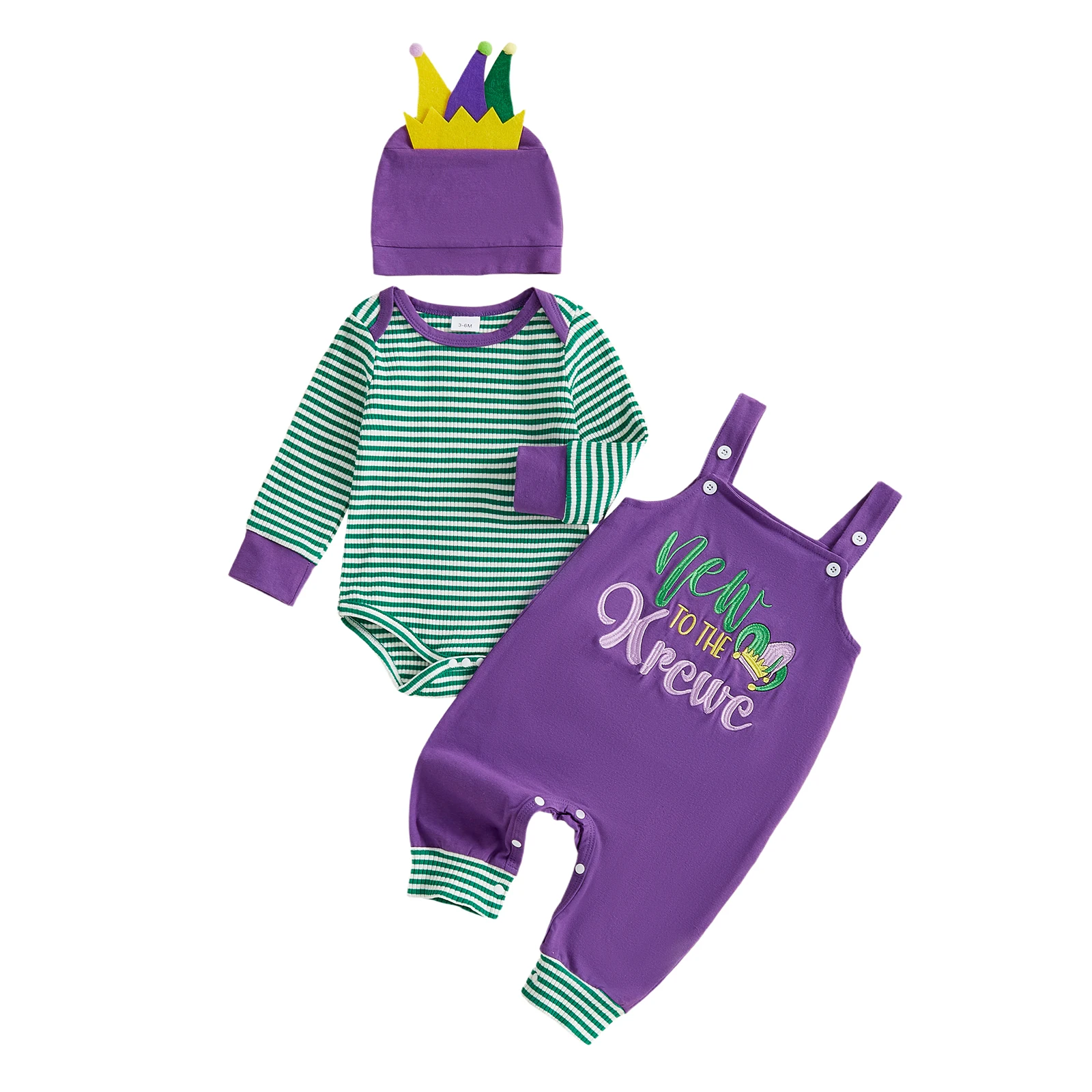 

Baby Boy MardiGras Clothing Sets Fashionable Long Sleeve Striped Romper with Letter Embroidery Pants Hat 3Pcs Outfits