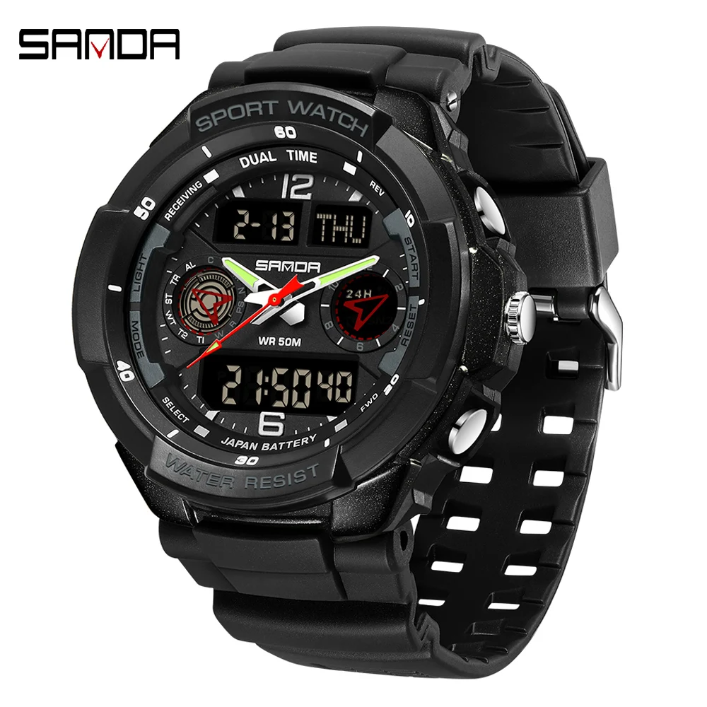 SANDA Brand Casual Men\'s Sport Watches Backlit 50M Waterproof Man Alarm Clock Double Display Wristwatch Men Digital Watch