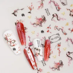 3D Lotus Bamboo Plum Blossom Nail Stickers Chinese Ink Style Self-Adhesive Nail Art Decals DIY Manicure Decorations