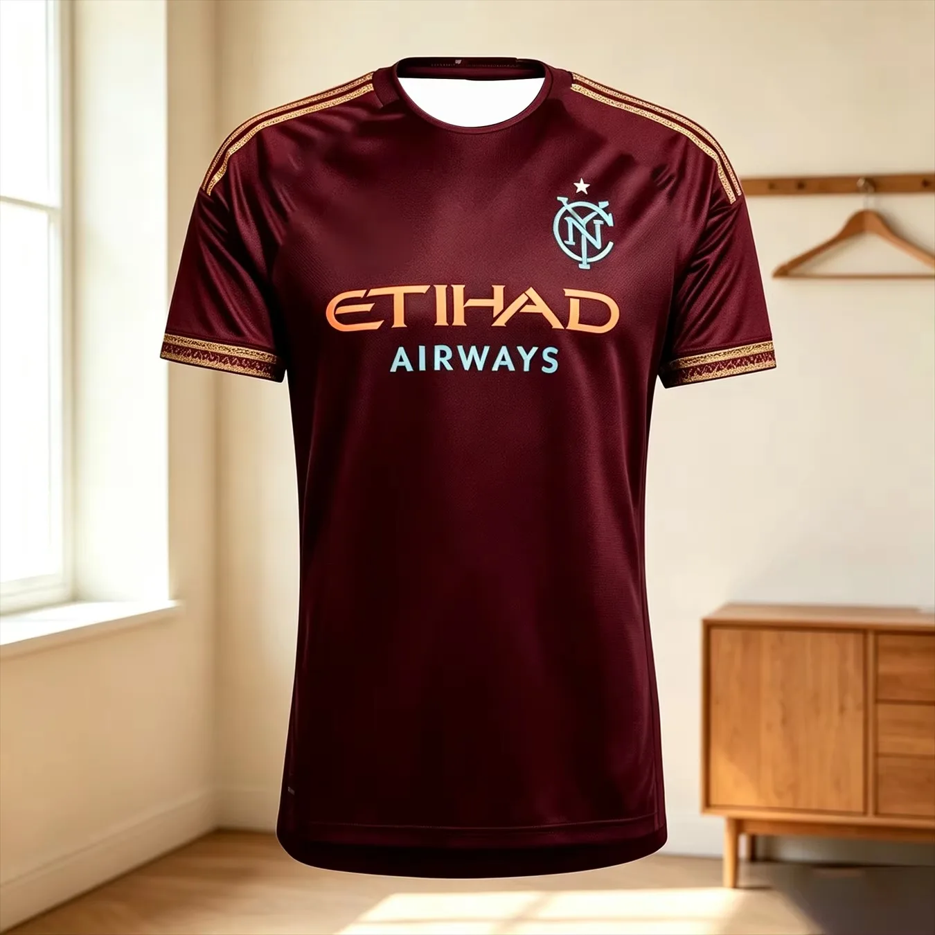 Herren NYCFC Schwarzes Auswärtstrikot mit Etihad Airways-Print, schnelltrocknend, kurzärmelig, Rundhalsausschnitt, Fußball-Fan-Trainings-Sport-T-Shirt – Detail 5