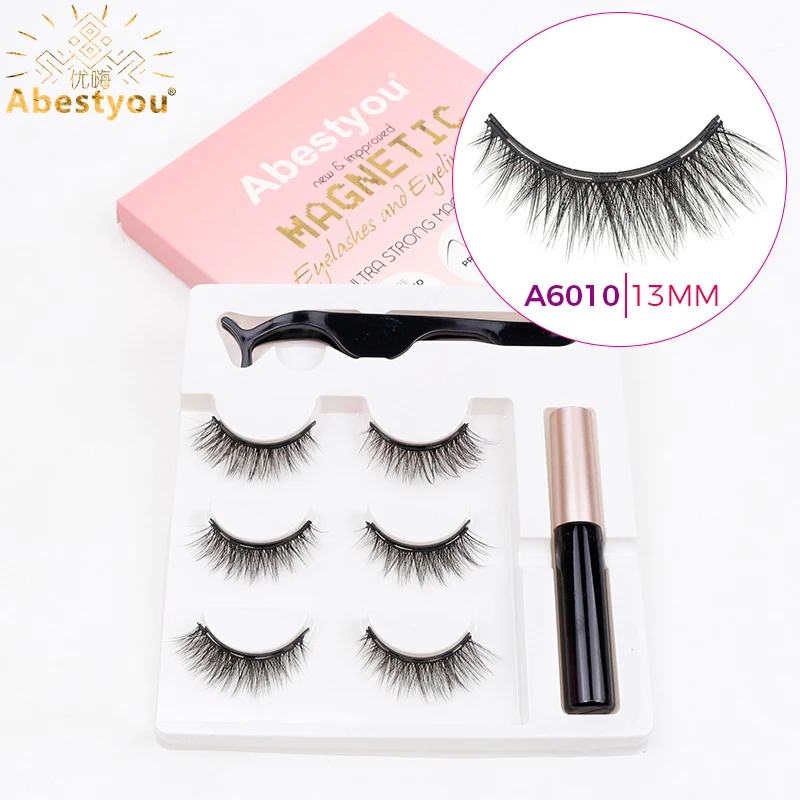 Abestyou multi-embalado 3d 3 pares natural magnético vison cílios e delineador conjunto magnetische wimpers kit falso cils magneticas