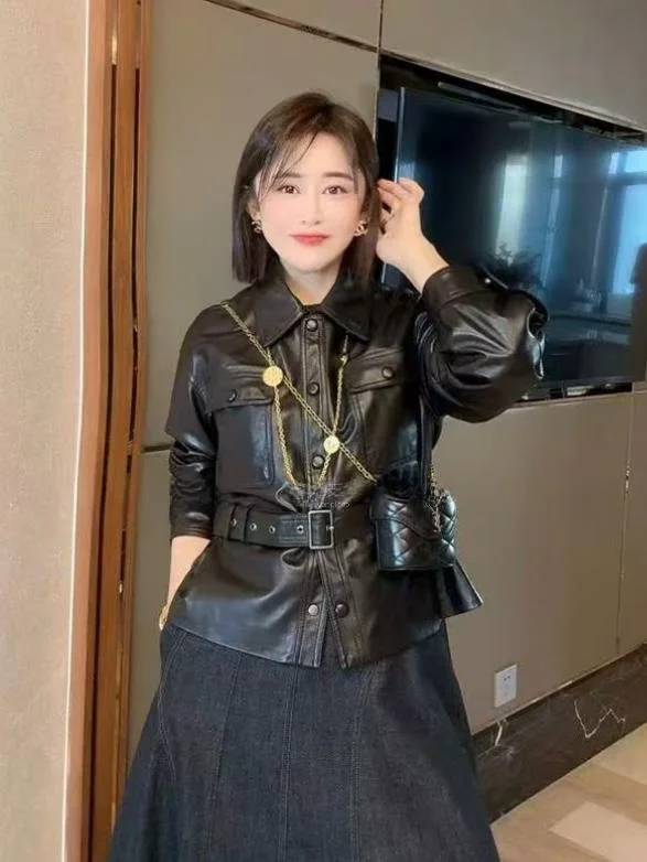 

Spring 2025 Women's Cool Sweet Sle Leather Jaet Casual Faionable Versatile eepskin Long Sve Commute Wind Coat