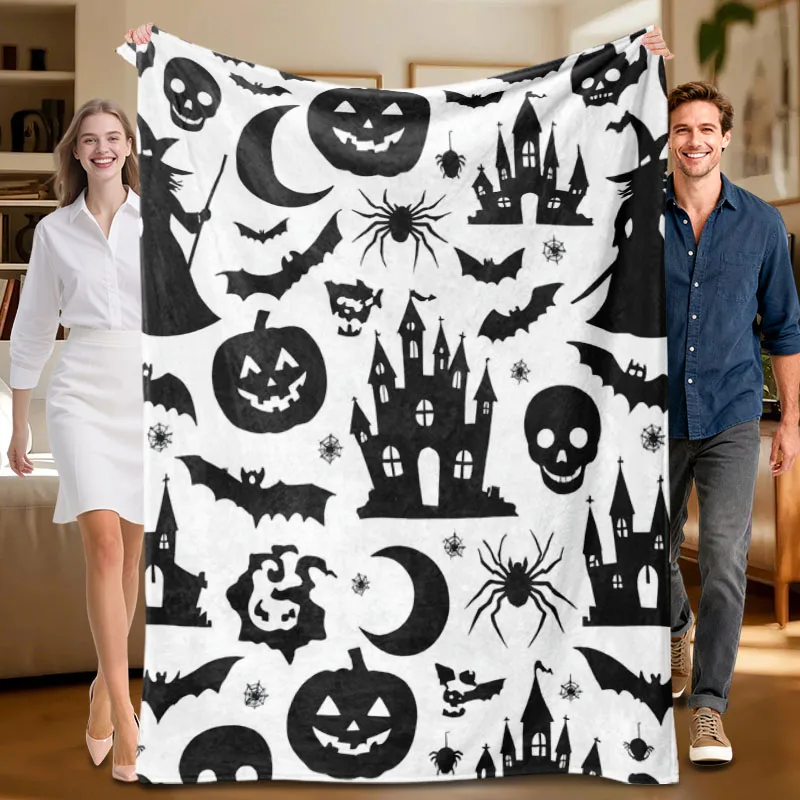 قطعة واحدة من بطانية الفانيلا باللونين الأبيض والأسود بطابع الهالوين، ناعمة، مناسبة للأريكة والسرير والمكتب والاستخدام لجميع المواسم. #1