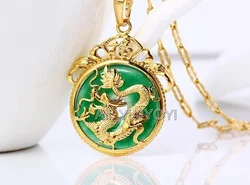 Beautiful Natural Green Jade Inlay Gold Chinese Dragon Amulet Lucky Jade Pendant + Free Necklace Fine Jewelry