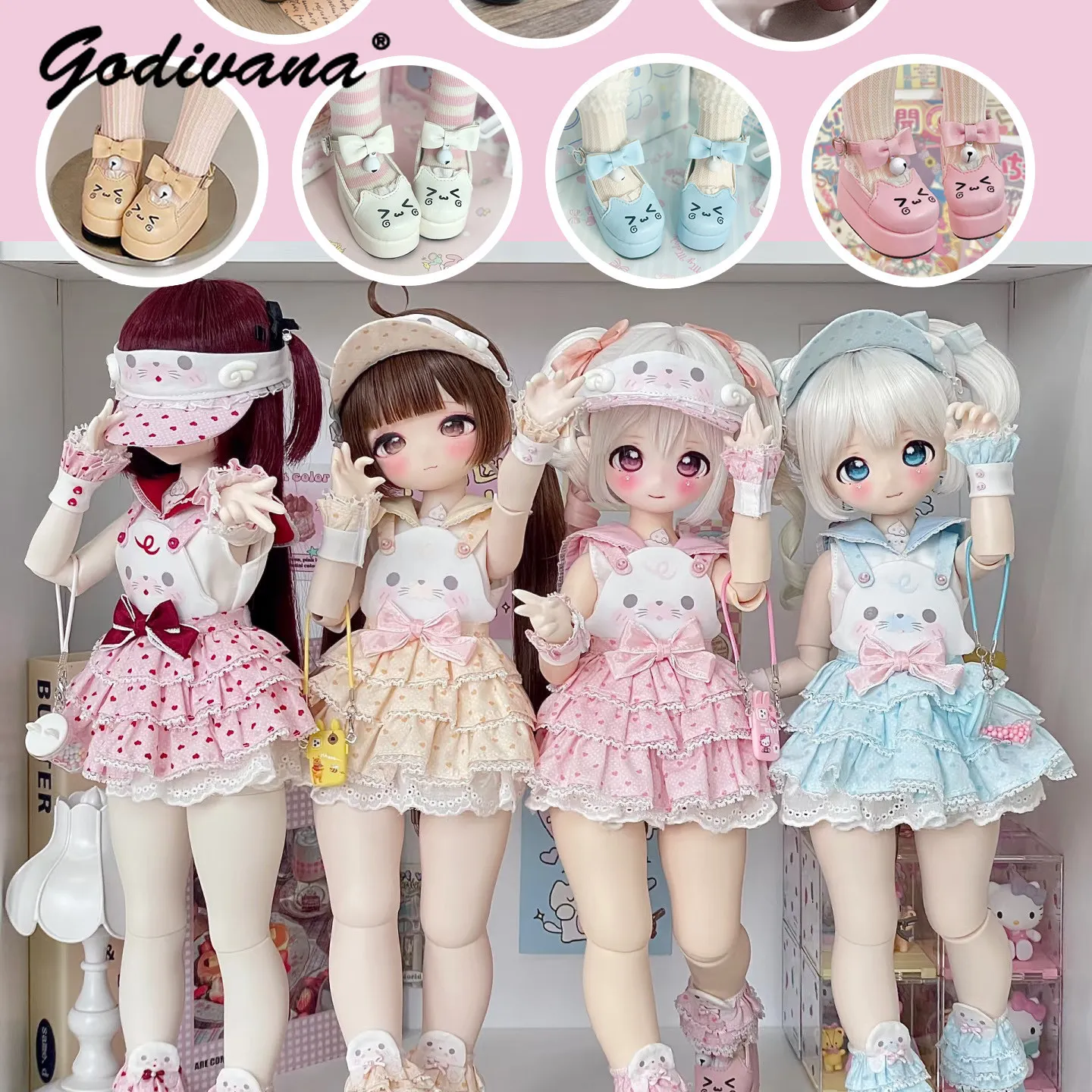 Sweet Cute Cartoon Cat Face Platform Doll Shoes with Bow & Bell, Ankle Strap Maid Lolita Doll Footwear for1/3 1/4 1/6 BJD Doll