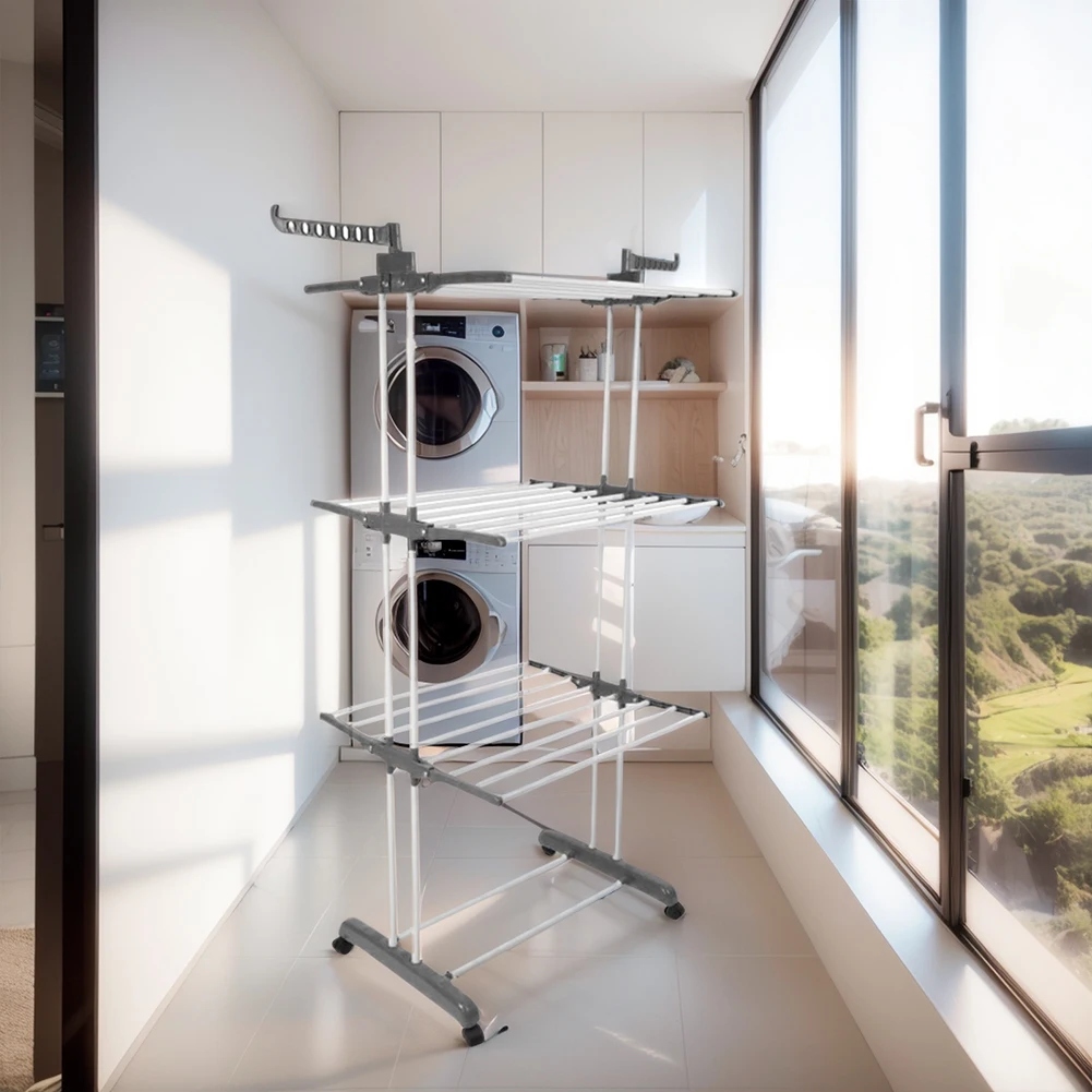 

4-Tier Folding Drying Rack Free Standing Movable Laundry Rack with 4 Castors Clothes Horses Rack for Towels Clothes Shoes Linen