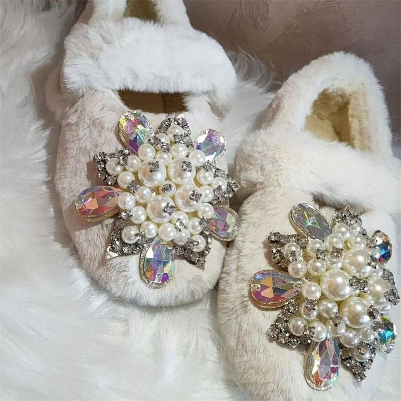 Luxury Crystal Pearl Gemstone Accessories Wedding Party Naked boots Handmade custom white shallow cut women\'s cotton shoes 35-40