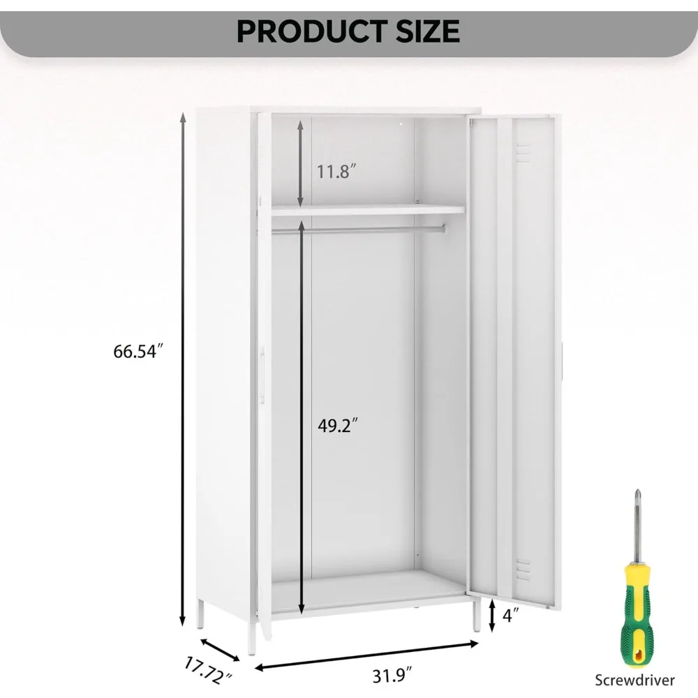 خزانة ملابس معدنية من MIOCASA، خزانة تخزين فولاذية مع بابين لغرفة النوم وغرفة المعيشة - رف واحد (أبيض) #2