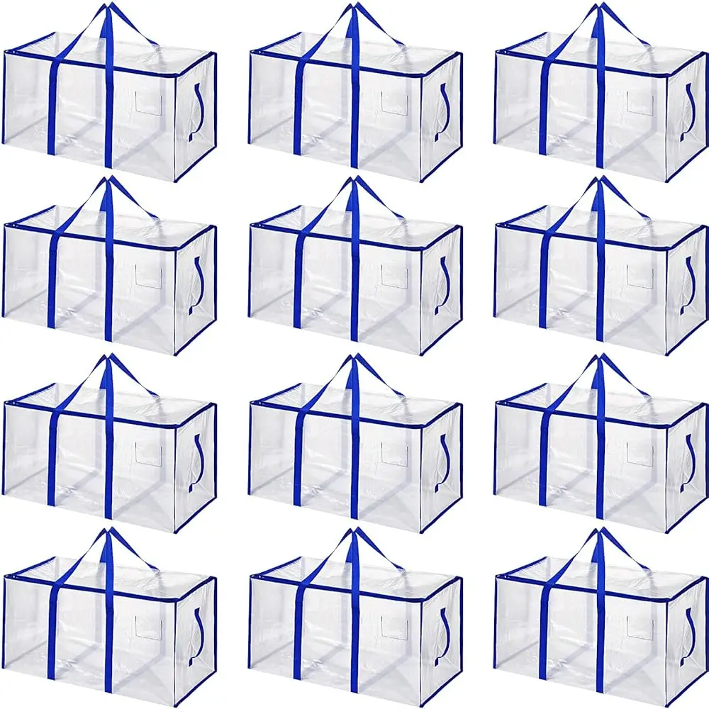 

12-Pa Clear Moving Bags 90.84L Heavy Duty Extra Large Storage Totes With Reinforced Handles & Zippers, For Moving, College