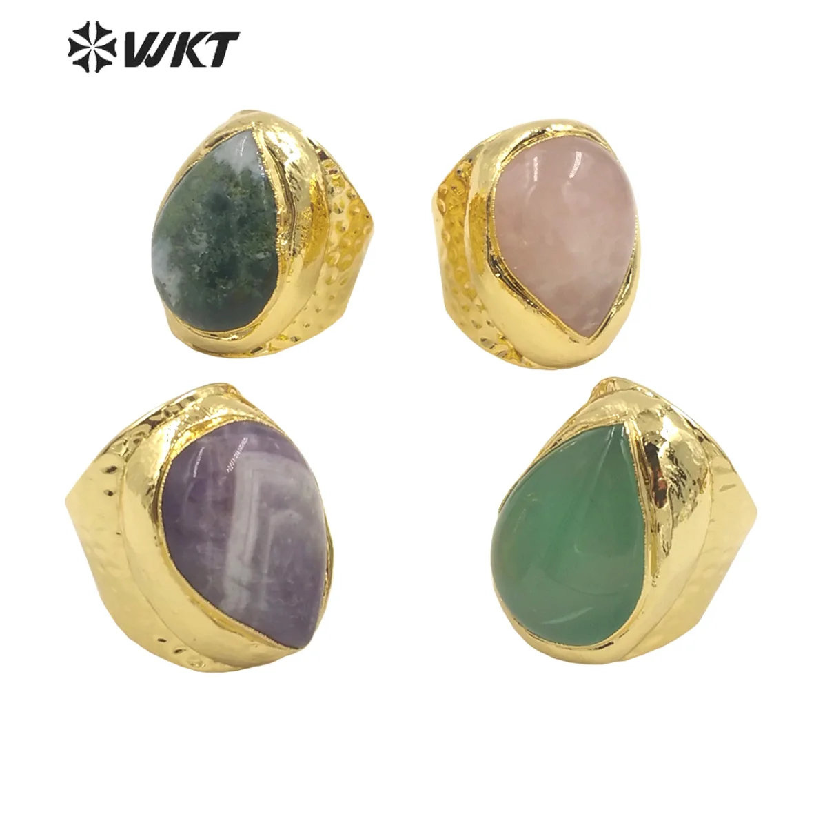 

WT-R414 WKT Fashion gold plated teardrop stone Ring wide band natural stone made pear drop Amethyst stone welding Ring