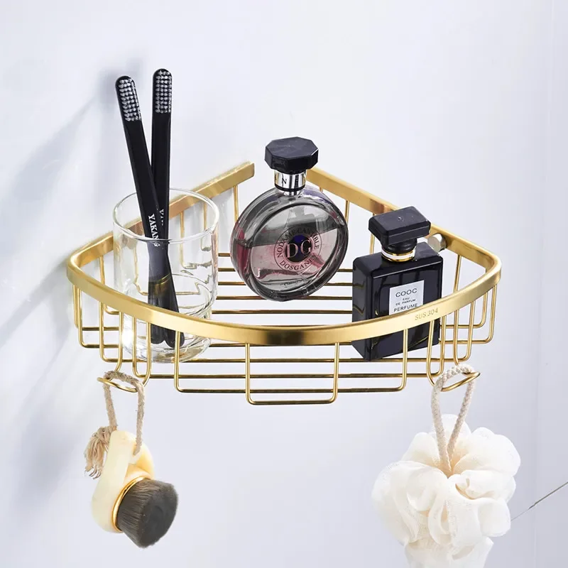 Golden Stainless Steel Bathroom Shelf Wall Mount Triangular Storage Rack for Cosmetics Shampoo Corner Drain Basket with Hook