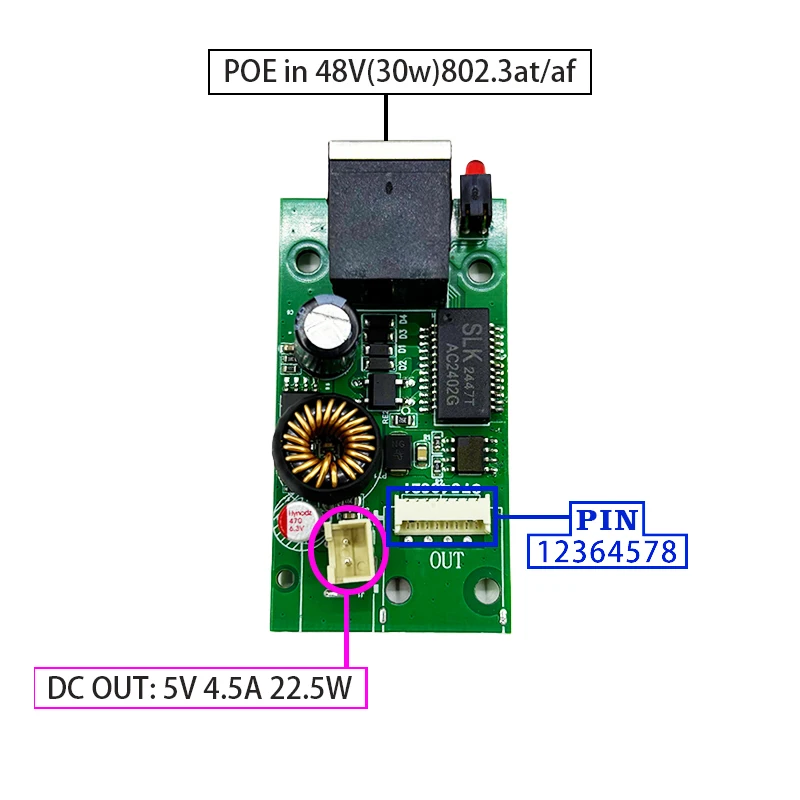 

Активный изолированный разветвитель PoE от 48 В до 5 В IEEE802.3af/at, выход постоянного тока 5 В, 22,5 Вт, 2,5 г/10/100/1000 м