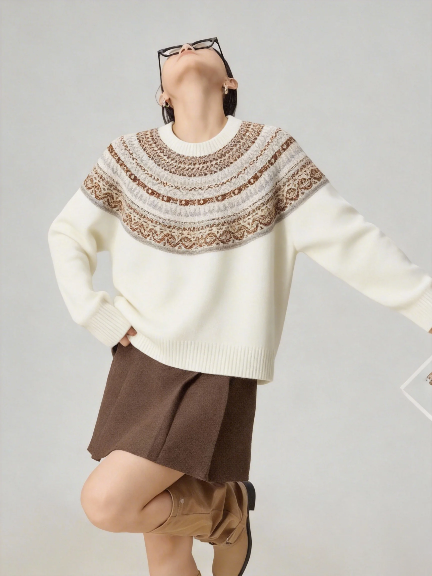 

White Fair Isle Knitted Sweater round Ne Pullover Women's Lazy High-End Korean Sle Unique Beautiful Top Commute Sle