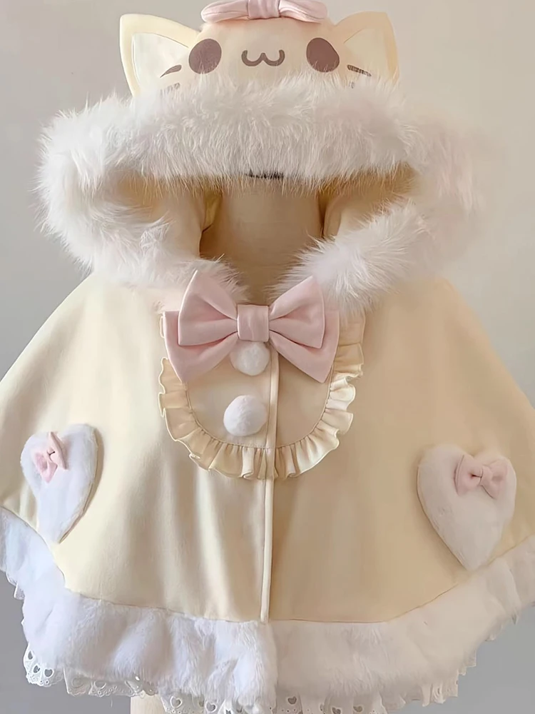 Doce bonito bowknot capa casaco de inverno gato orelha chapéu capas de lã xale jaqueta japonês lolita mangas compridas kawaii roupas ponchos