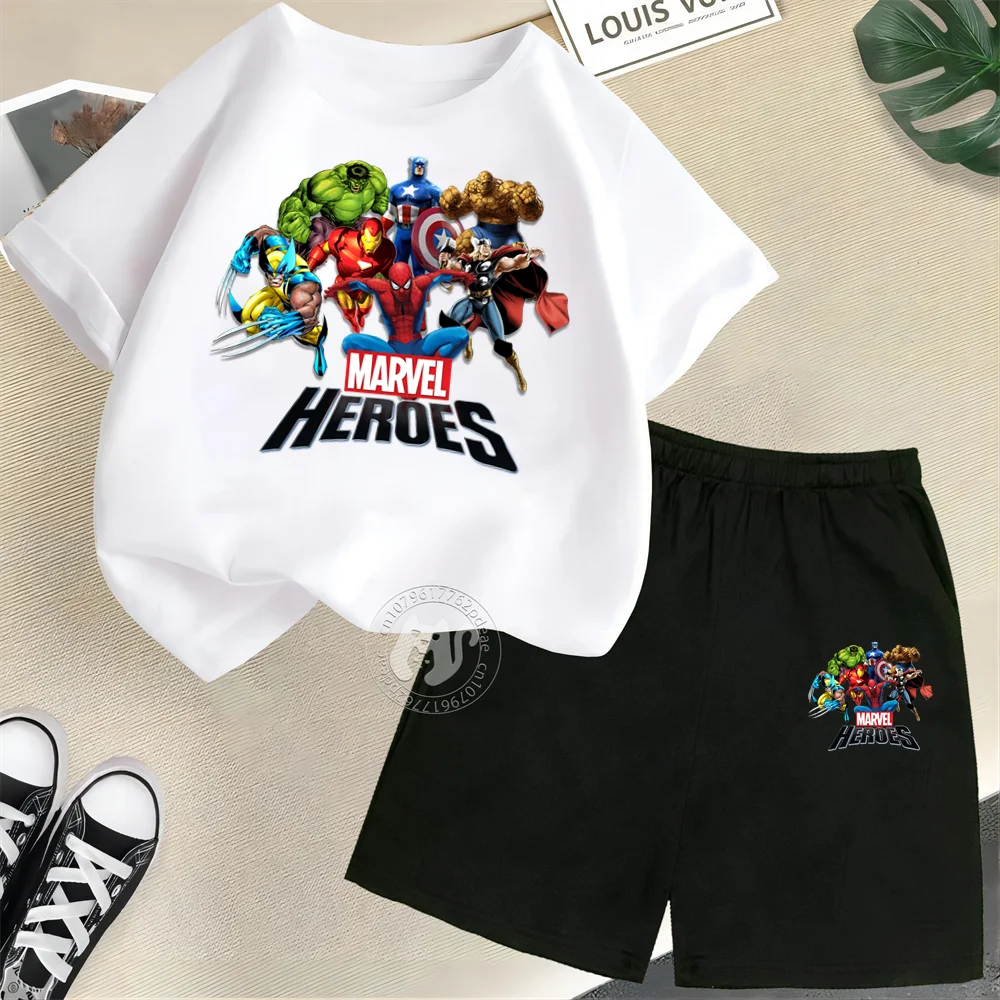 Superhero Kids Summer 100% Cotton Spiderman & Hulk Pattern Print Teen Boys Girls Short sleeve T-shirt/Shorts Casual Fashion set