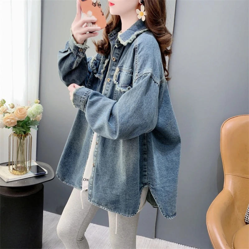 

Vintage Hong Style Frayed Denim Shirt For Women Loose Fit Casual Streetwear Design Top Spring 2025 New Arrival​