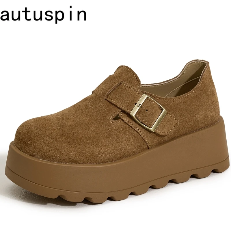 

AUTUSPIN 7cm Women Brown Loafers Spring Summer Basic Shoes Female Microfiber Leather Round Toe Pumps High Platofrm Woman Heels