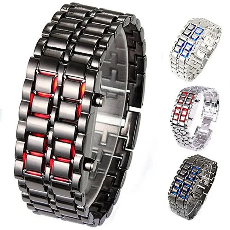 Men Sports Led Digital Watches Lava Iron Samurai Men\'s Watches Stainless Steel Band Electronic Wristwatches Reloj Hombre 2024