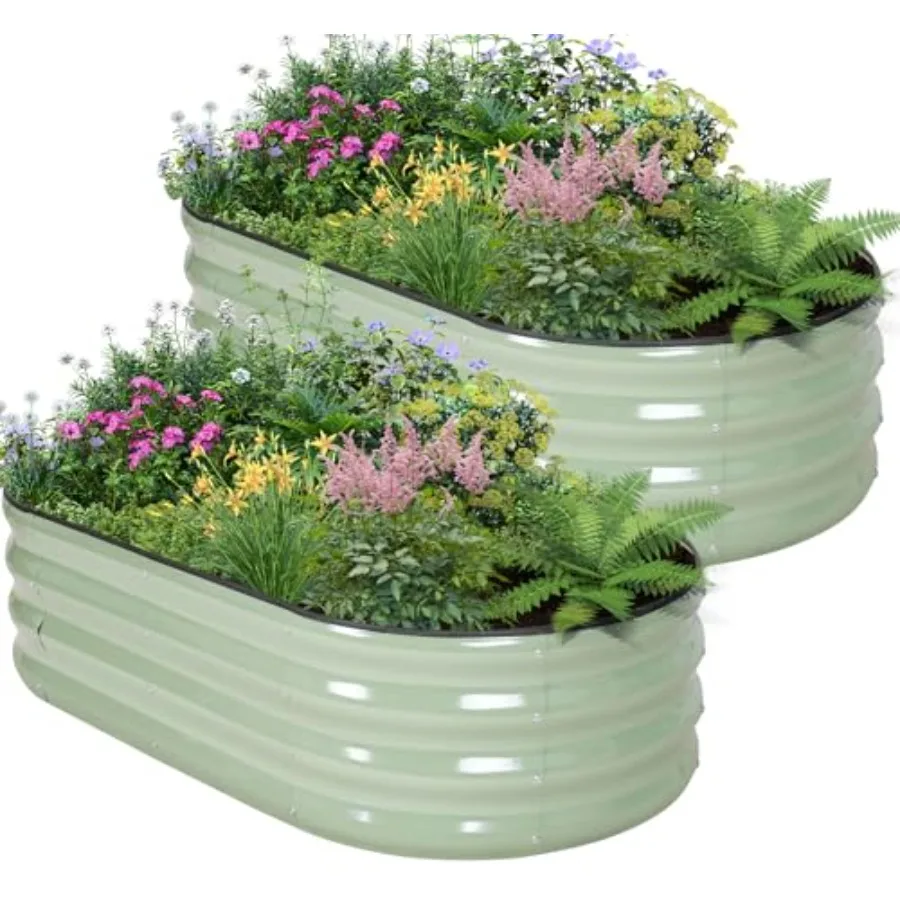 Galvanized Raised Garden Bed 4×2×1ft 2 Packs Planter for Gardening Oval Metal Box with Safety Edging and Gloves for Vegetables