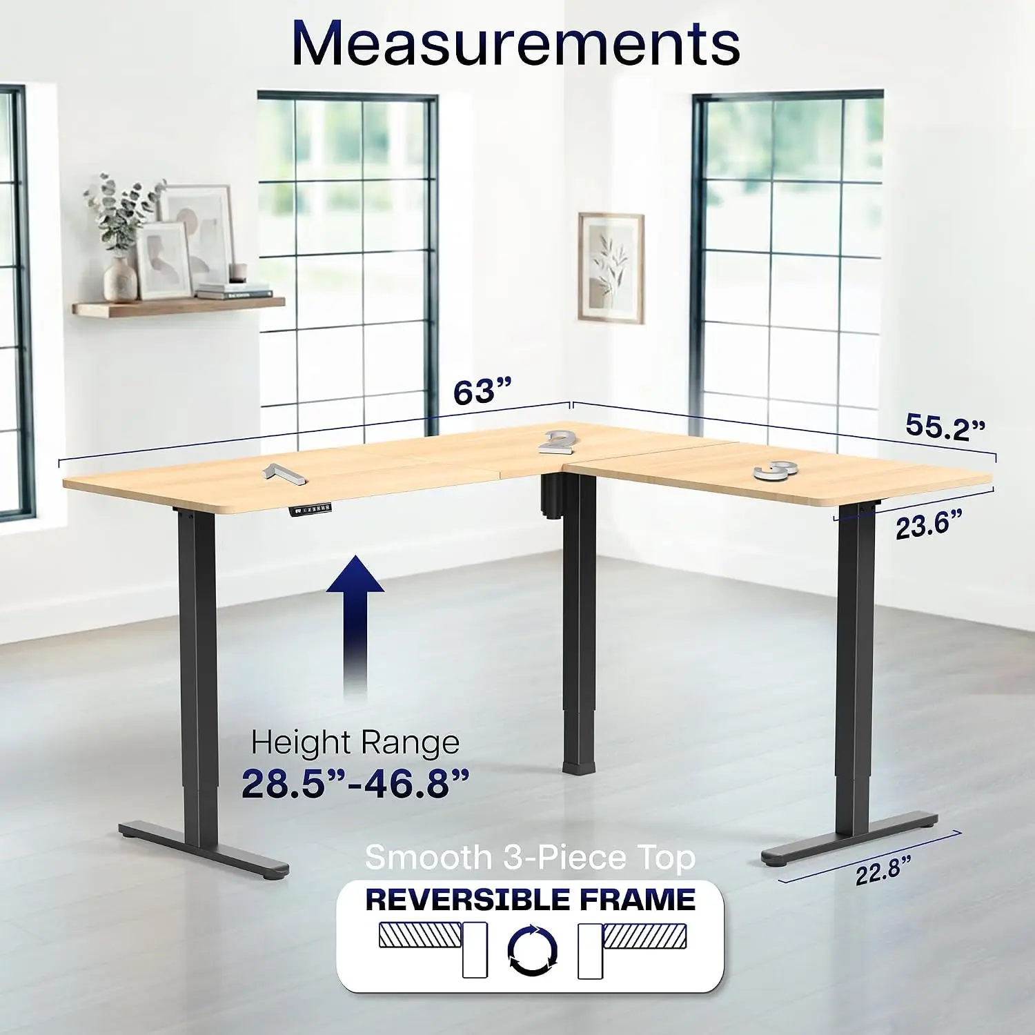 Light Wood Corner Standing Desk 63 x 55 in Height Adjustable Electric Ergonomic Home Office Workstation, Customized