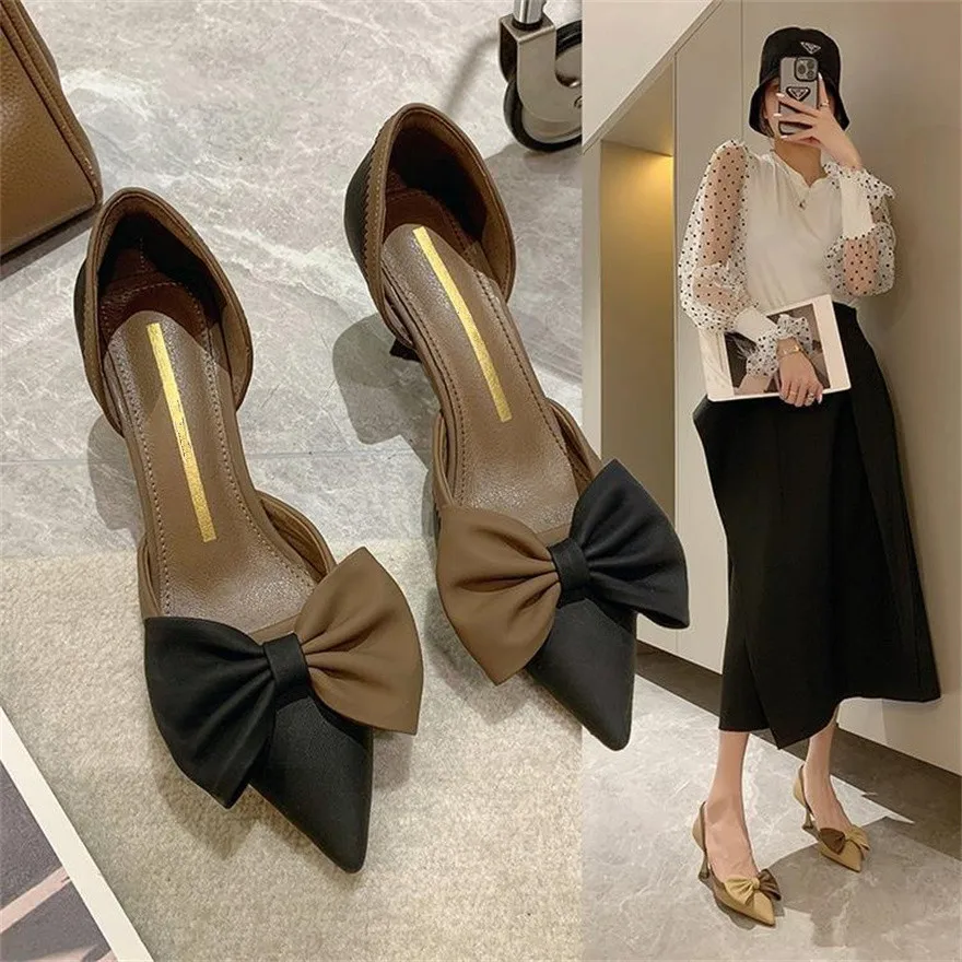 Bow High Heels For Women In Spring 2025 New Korean Version Pointed Shallow Cut Fashionable Color Blocking Hollow Fashion Shoes