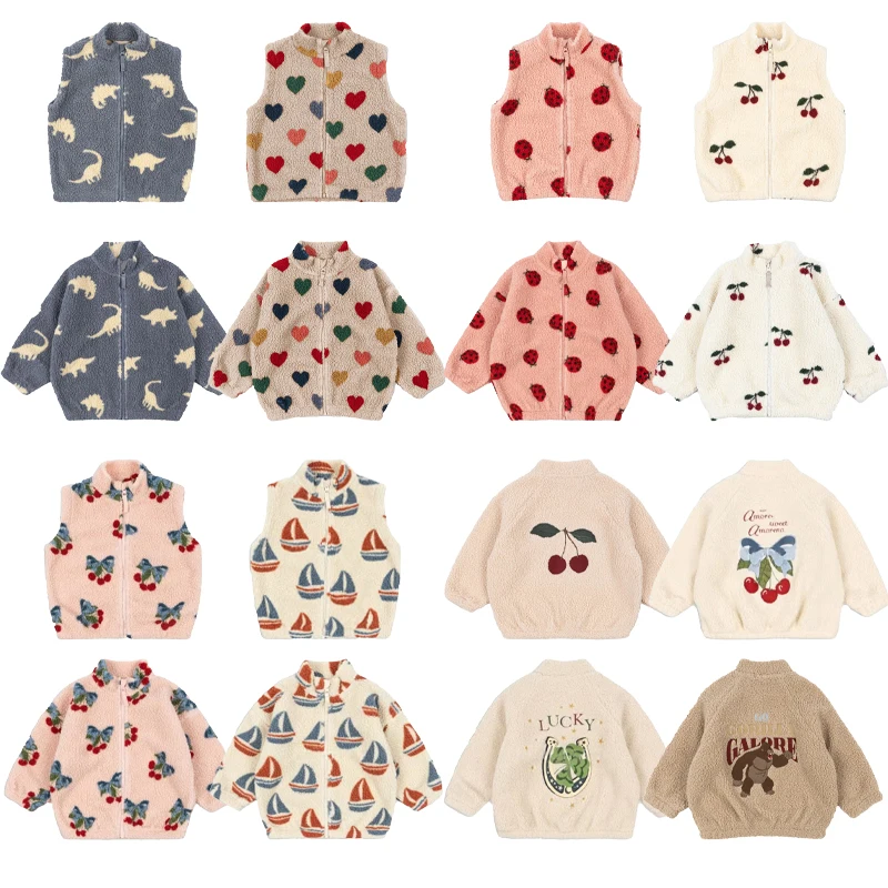 

2025 New Autumn Children's Lambskin Jacket Boy Dinosaur Embroidered Top Girl's Cute Warm Jacket Kids Top