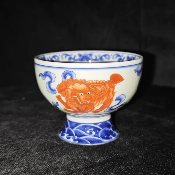 3.0 inch Chinese Ming Blue and White Porcelain Red Lion Design Stem Cup