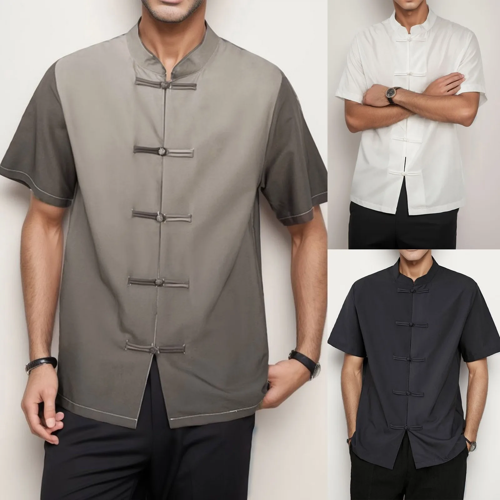 Camisa de manga corta de estilo chino Vintage para hombre, traje Tang degradado de una sola botonadura, blusas, traje de Kung Fu, camisas masculinas