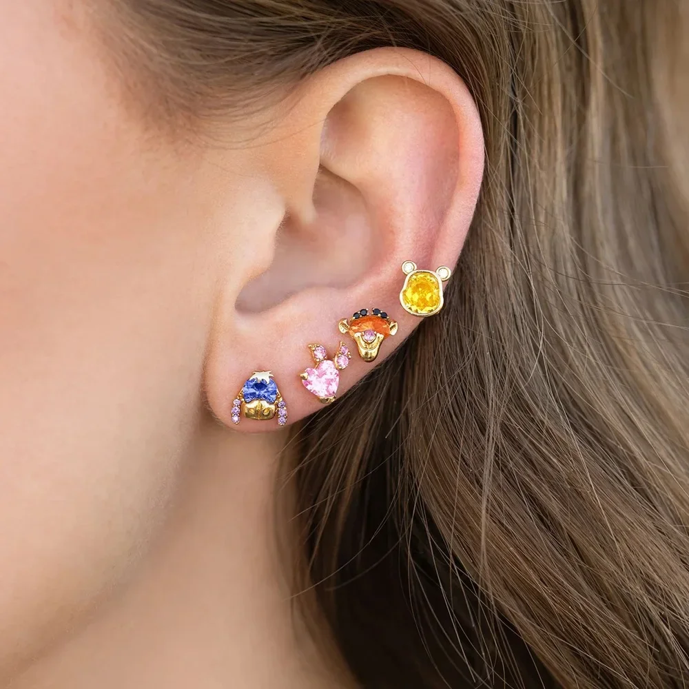 Disney Niche Design Cute Cartoon Stud Earrings Winnie The Pooh Tigger Colorful Zircon 925Silver Needle Accessories Birthday Gift