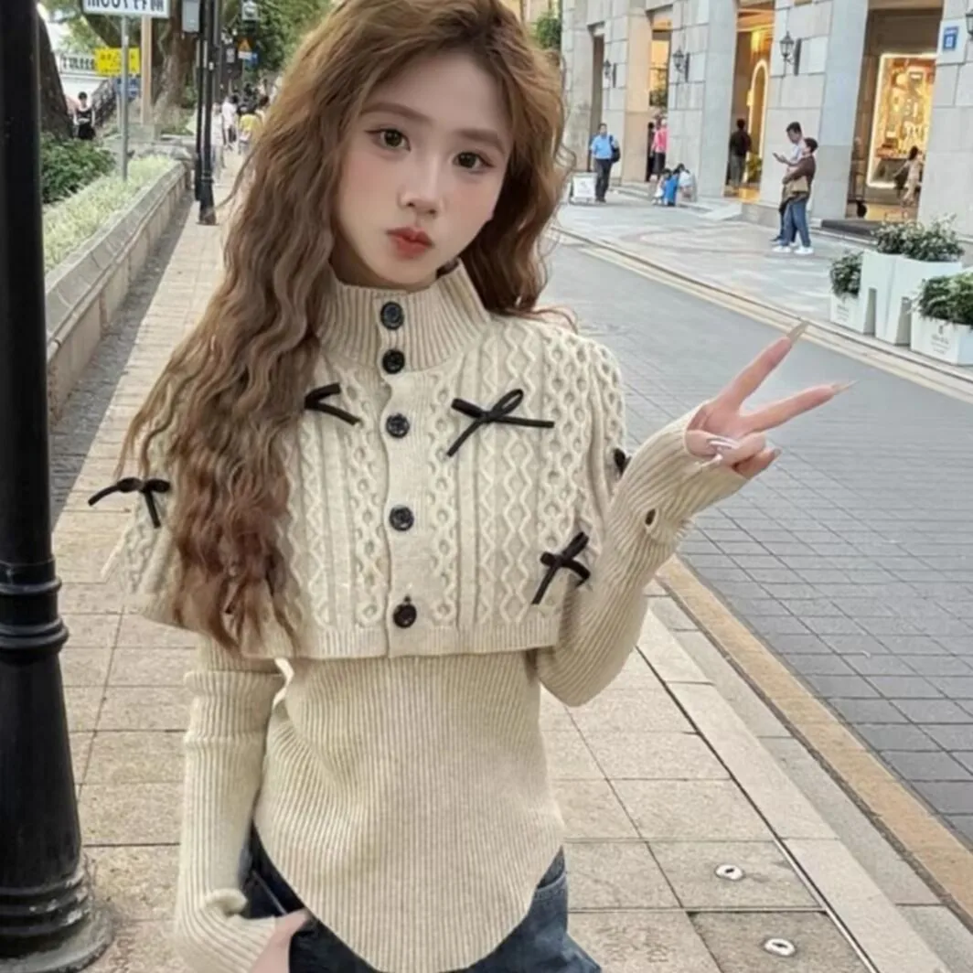 

2025 Women Autumn knitted Shawl Sweater Two-piece Set Woman Korean Style Bow Knit Sweater Female Elegant Shawl knitted Sweater