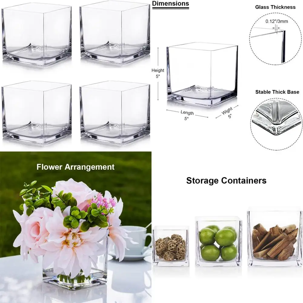 

Set of 4 Clear Glass Cube Vases, 5 Inch Square Planters, Ideal for Floating Candles and Floral Arrangements