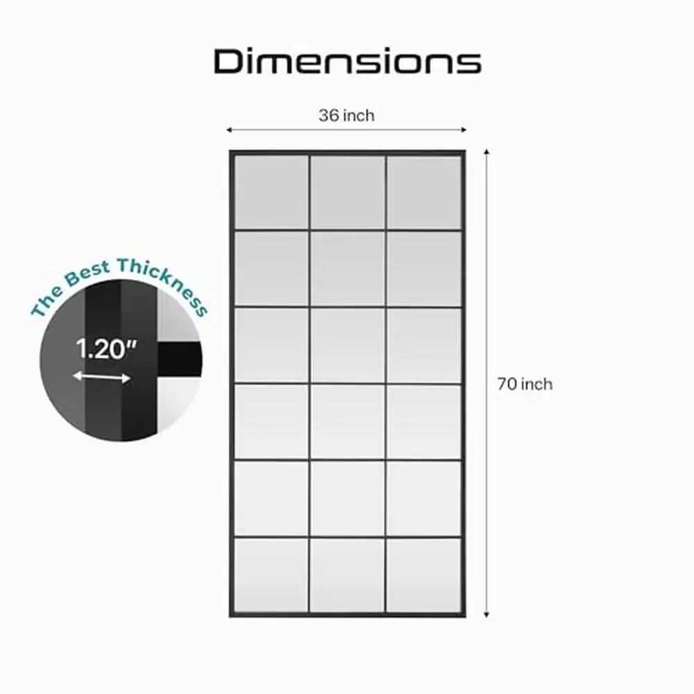 대형 전체 길이 창 창 농가 거울, 블랙 금속 바닥 거울, 직사각형 벽 거울, 쉬운 설치 및 신뢰성, 70 인치 x 36 인치