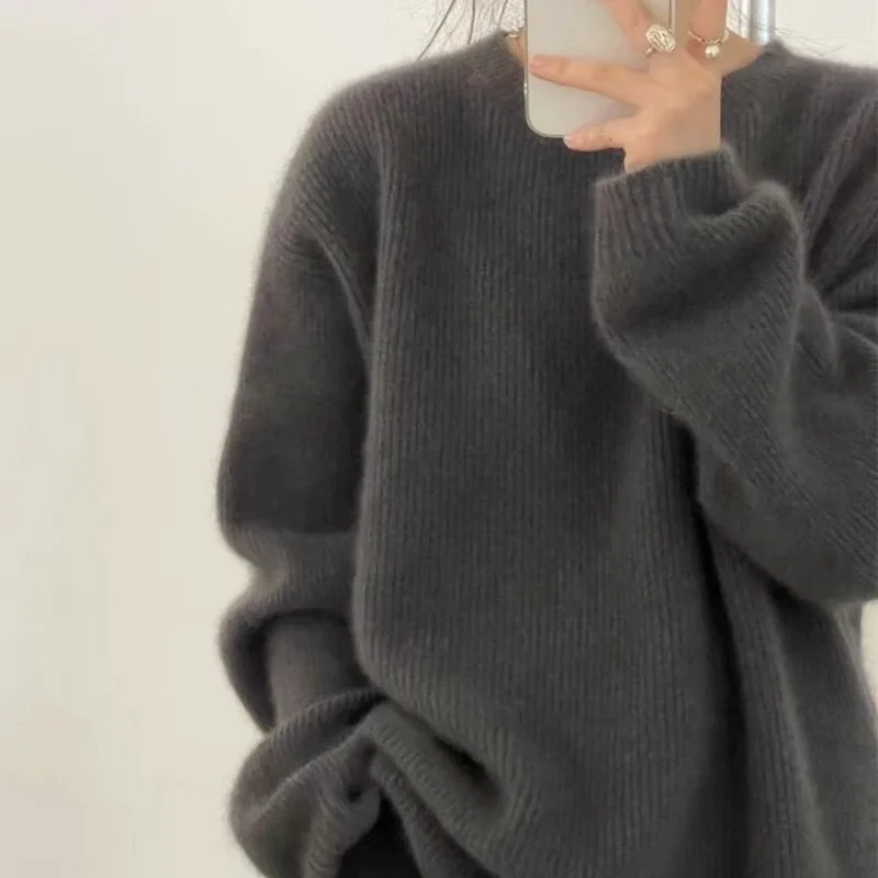 

European goods autumn winter new round neck cashmere sweater female thick languid lazy wind dark gray sweater loose knit sweater