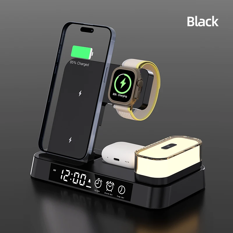 HAAYOT Nachtlicht, kabelloses Ladegerät mit Wecker für iPhone 16, 15, 14, 13, Schnellladestation für Apple Watch AirPods Pro