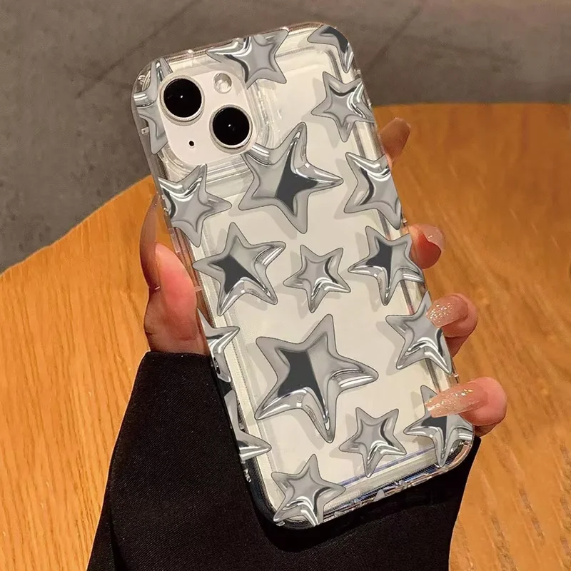 Transparent Silver Star Phone Case for iPhone 17 Air 16 e 15 14 13 12 11 Pro Max Plus Mini SE 2020 2022 X XR XS