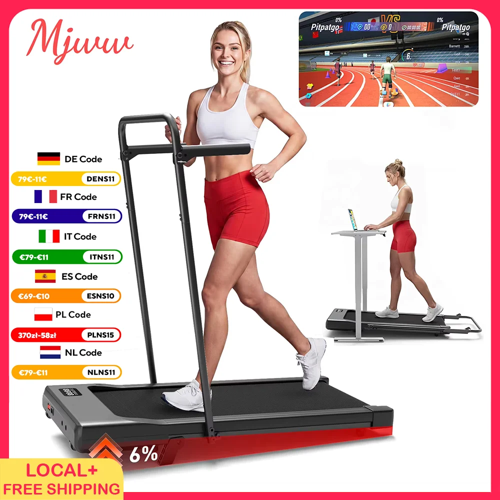 Tapis de course pliable MJWW avec poignée, inclinaison de 6 %, vitesse de 3,8 mph/6 km/h, écran LCD, surveillance par application, moteur 3,0 CV, machine d'exercice pour la maison