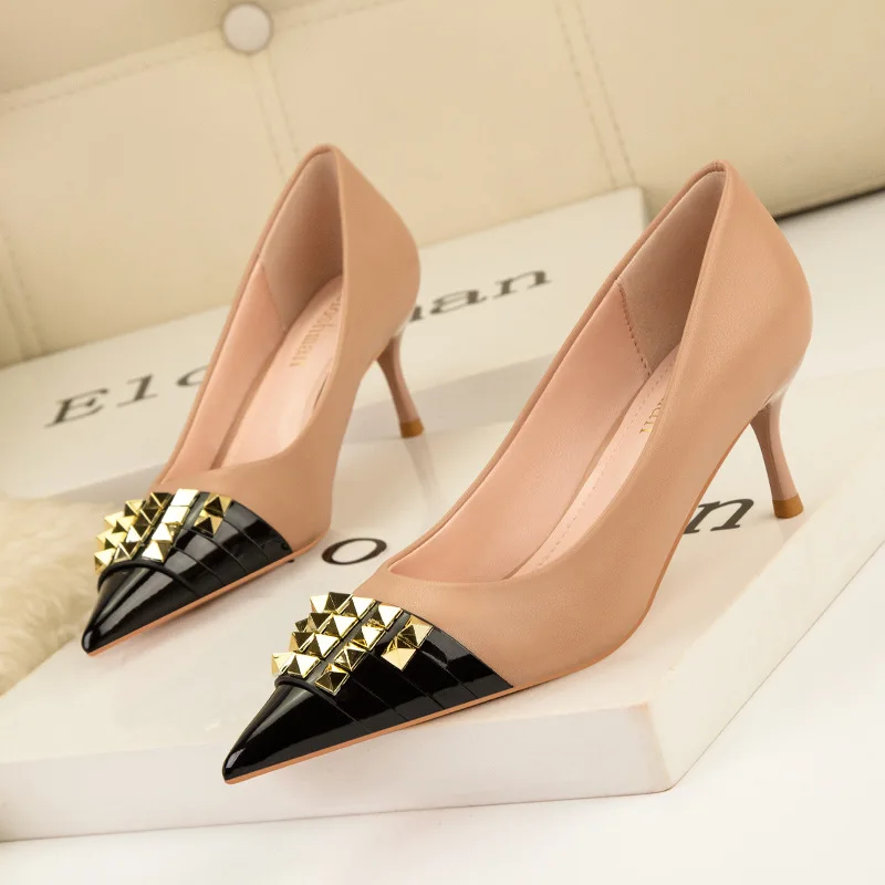 

New Luxury Brand High Heels Women's Shoes Metal Rivet Pointed Black Pumps Fashion Sexy Mixed Color PU Leather Women Single Shoes