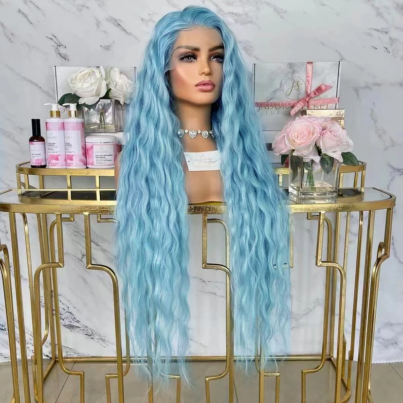 AIMEYA Blue Curly Wigs for Women Synthetic Lace Front Wig Long Loose Curly Blue Wig Heat Resistant Fiber Hair Wig Cosplay Party