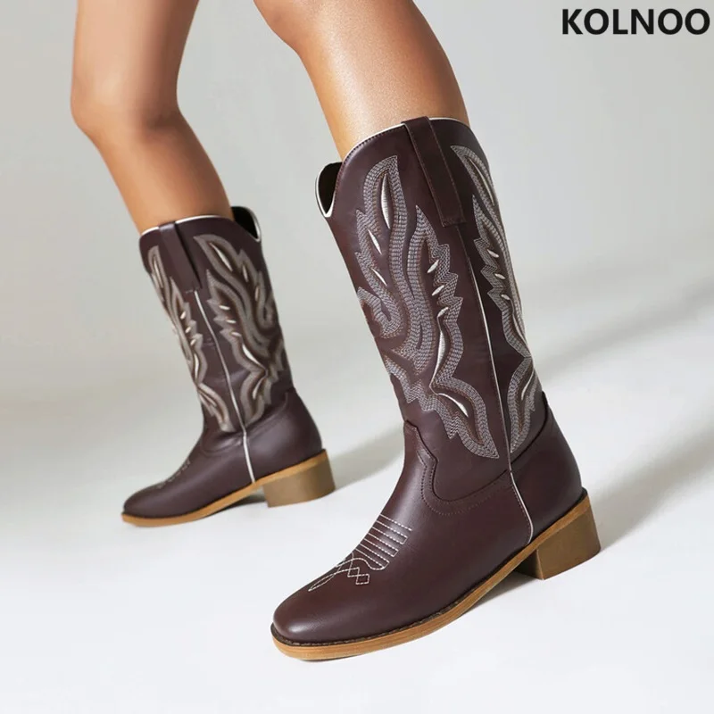 

Kolnoo New Arrival Handmade Womens Chunky Heels Mid-calf Boots Vintage Style Cowgirls Embroidery Evening Fashion Hot Sale Shoes