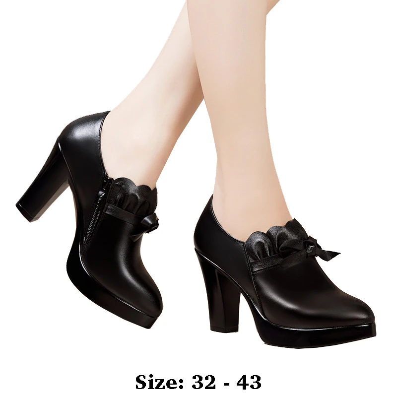 

high quality leather shoe for women 9cm 11cm high heel platform point toe 32 33 34 elegant office 2025 autumn winter shoe black