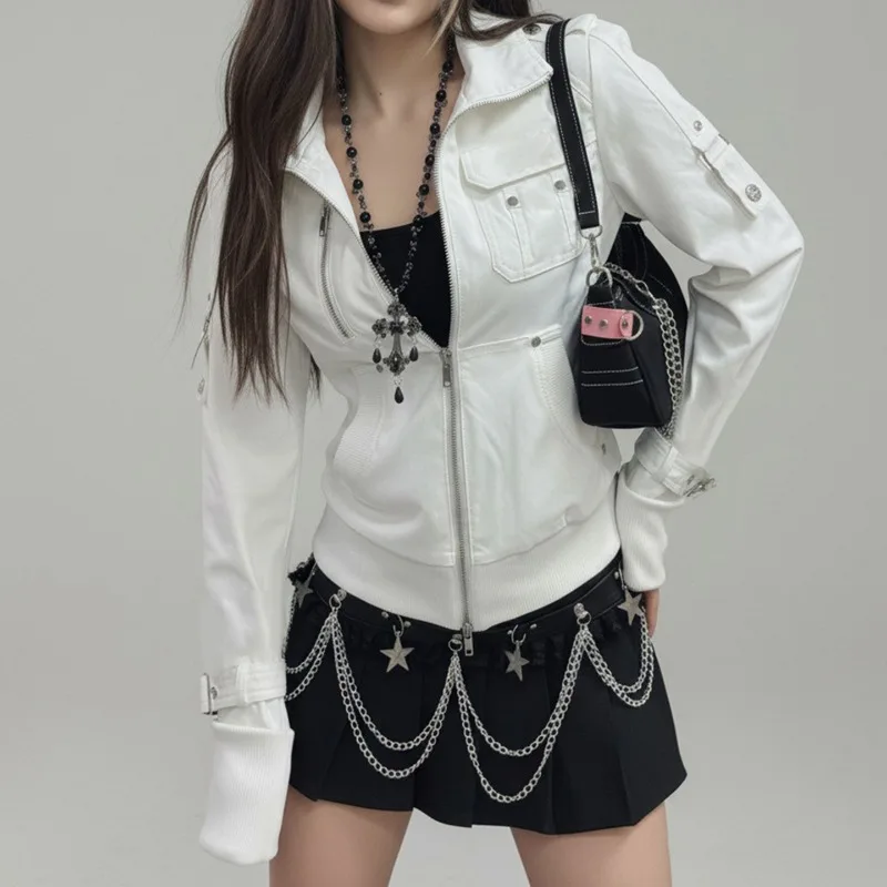 

Осенняя винтажная лоскутная куртка с карманами, женские белые куртки с воротником-стойкой и застежкой-молнией, модное дизайнерское пальто 2000-х годов, новинка