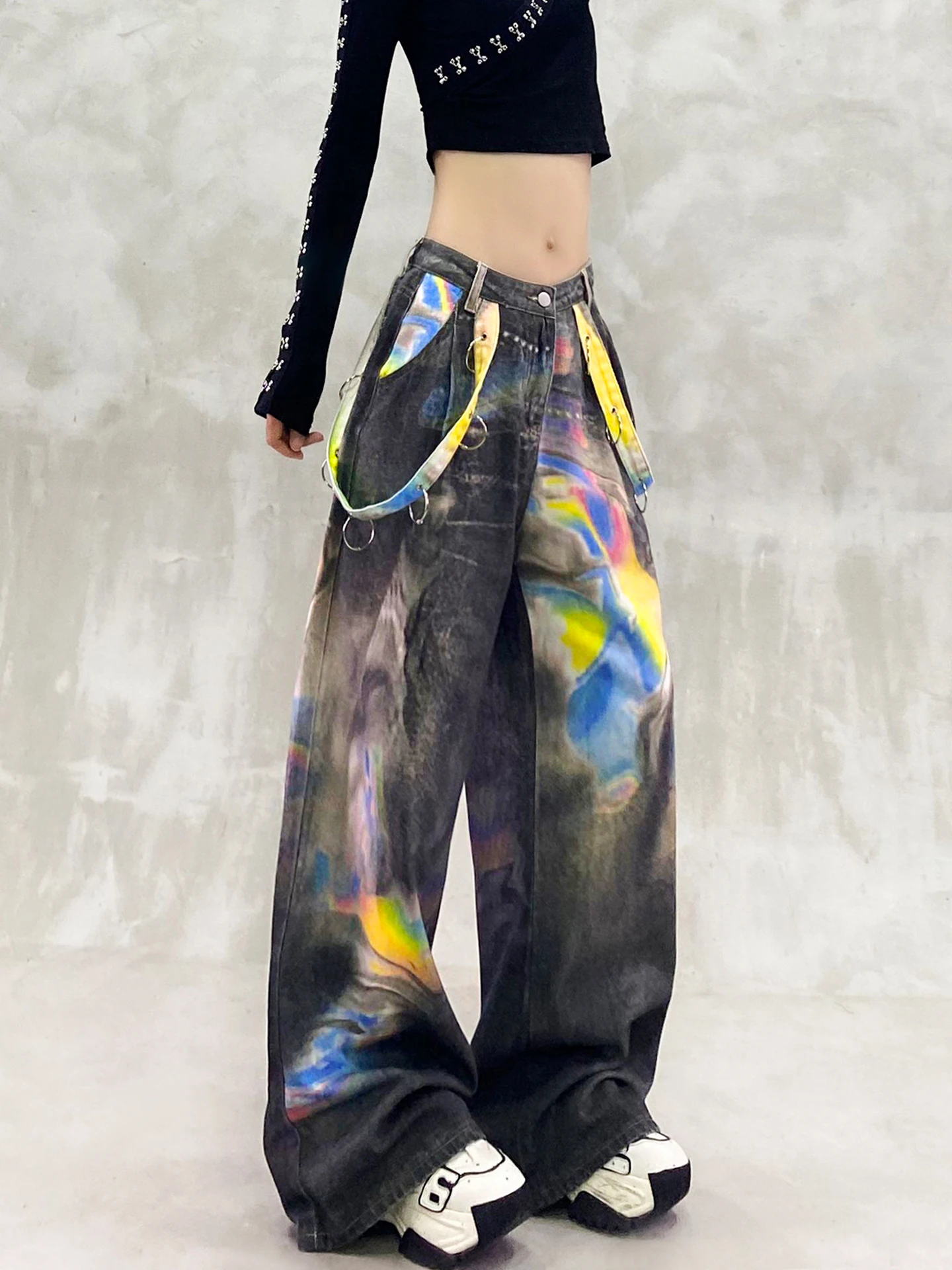 2025 Summer and Autumn Colorful Printed Design Casual Floor-Length Jeans High Waist Loose Slimming Versatile Wide-Leg Pants