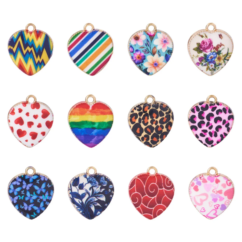 48Pcs Colorful Light Gold Tone Alloy Enamel Pendants Heart Charms Pendant Metal Charm DIY Earrings Bracelet Jewelry Accessories