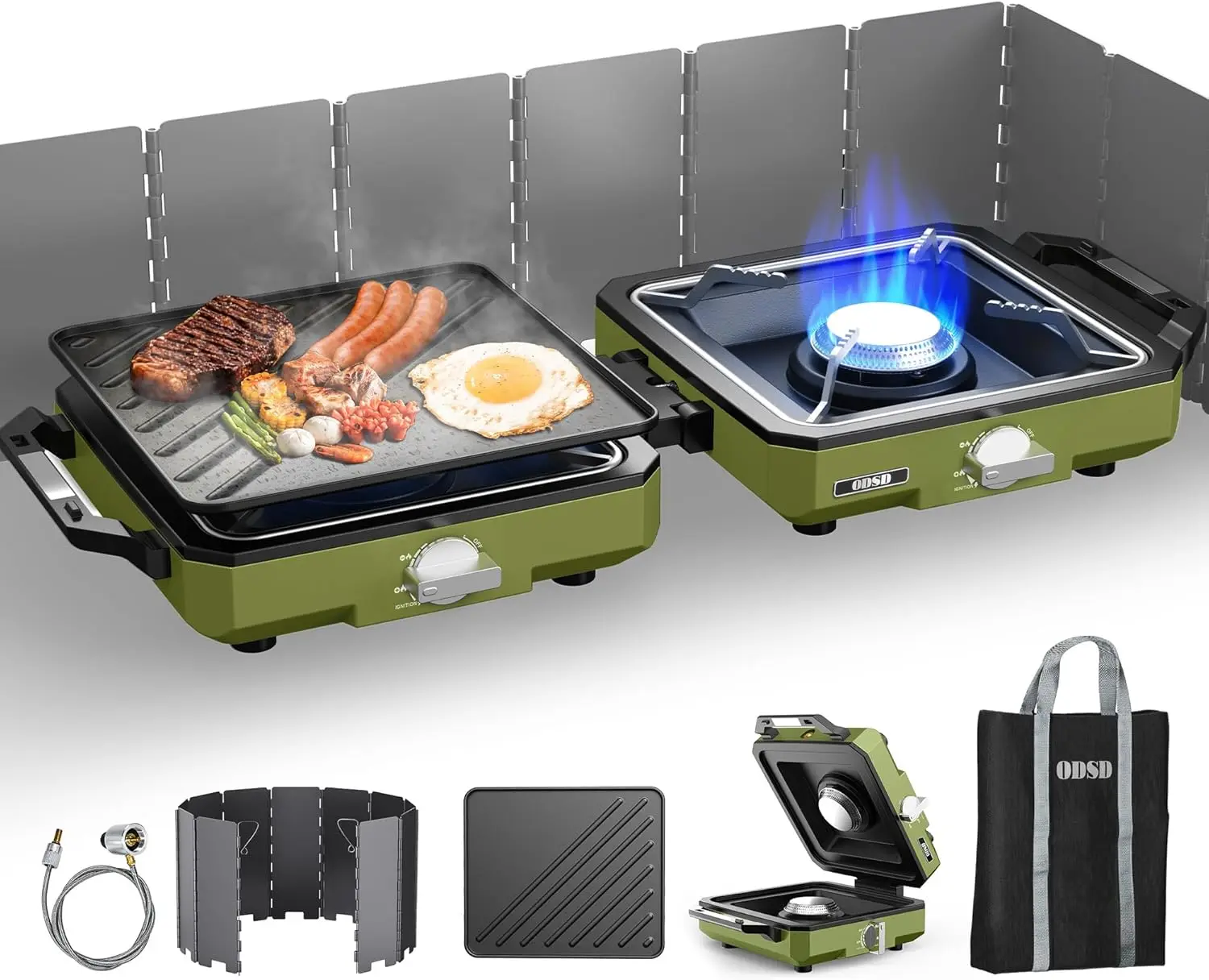 

2 Burner Camping Stove with Windshield, 20000 BTU Propane Stove, Portable Folding Gas Stove, Camping Essentials with Frying Pan, Coffee Stand & Carry Bag, Green