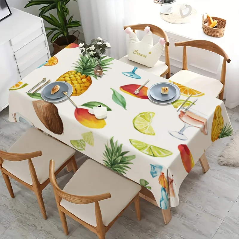 Tropical Fruit Cocktail Tablecloth, Watercolor Pineapple Mango Citrus Drink Print Rectangular Table Cover for Dining Kitchen