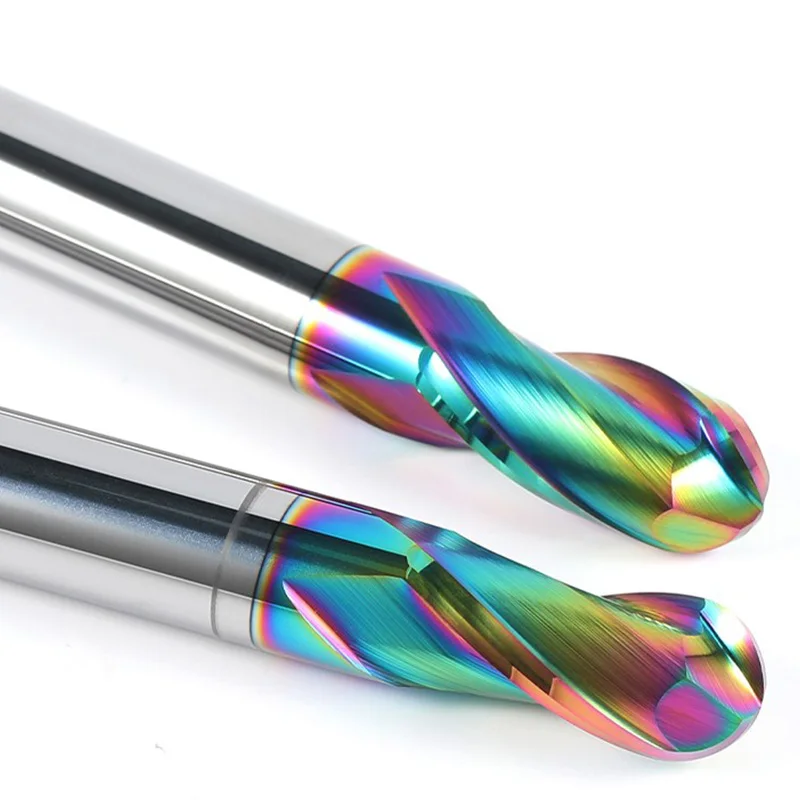 65° Extended Length Ball Nose End Mill - Rainbow Alloy Coated 2-Flute CNC Spherical Milling Cutter